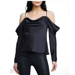 L'AGENCE Zion Cold Shoulder Silk Satin Top M NWT Black Luxe Designer Long Sleeve